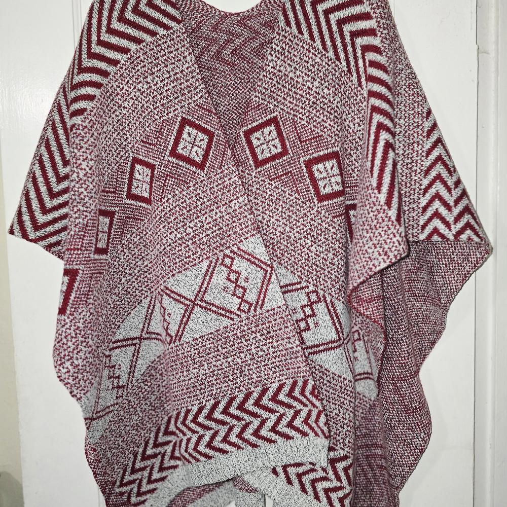 Red and White Geometric Patterned Poncho